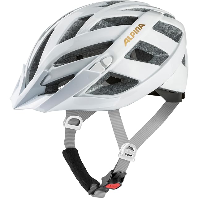 Casco ALPINA PANOMA Classic bianco lucido, visto di lato, con il supporto di ritenzione in evidenza