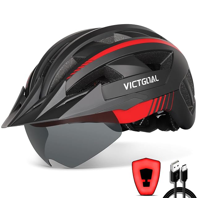 Casco da mountain bike Victgoal con occhiali magnetici agganciati e LED posteriore acceso