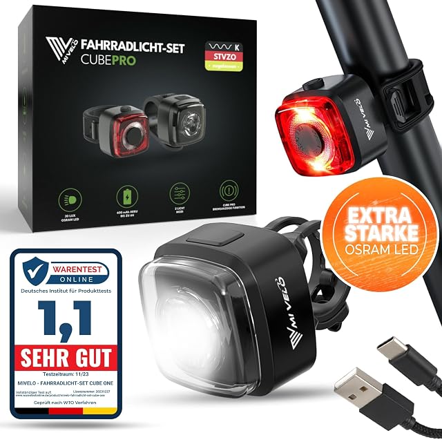 Set di luci MIVELO Cube PRO, lampade anteriore e posteriore a forma di cubo