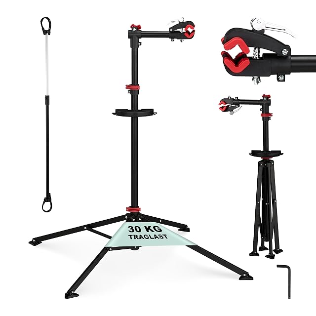 Cavalletto da officina Relaxdays nero sulla sua base a treppiede
