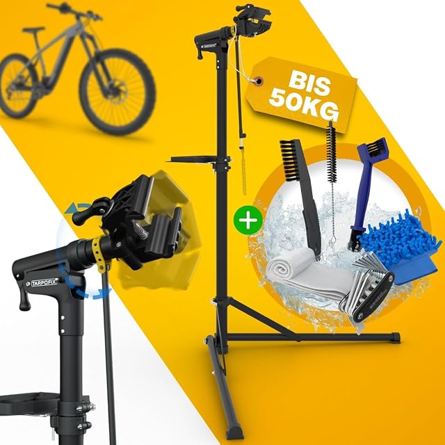 Cavalletto da officina Tarpofix che regge una bici elettrica ad altezza di lavoro
