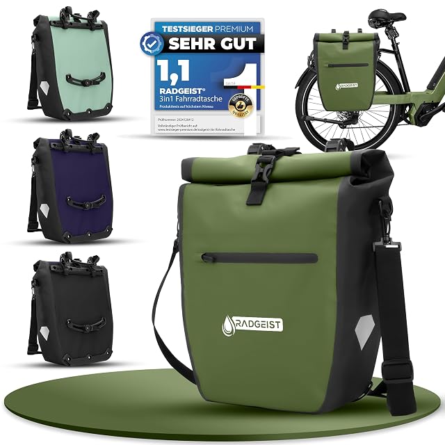 Borsa laterale impermeabile RADGEIST montata su un portapacchi posteriore con la sua tracolla